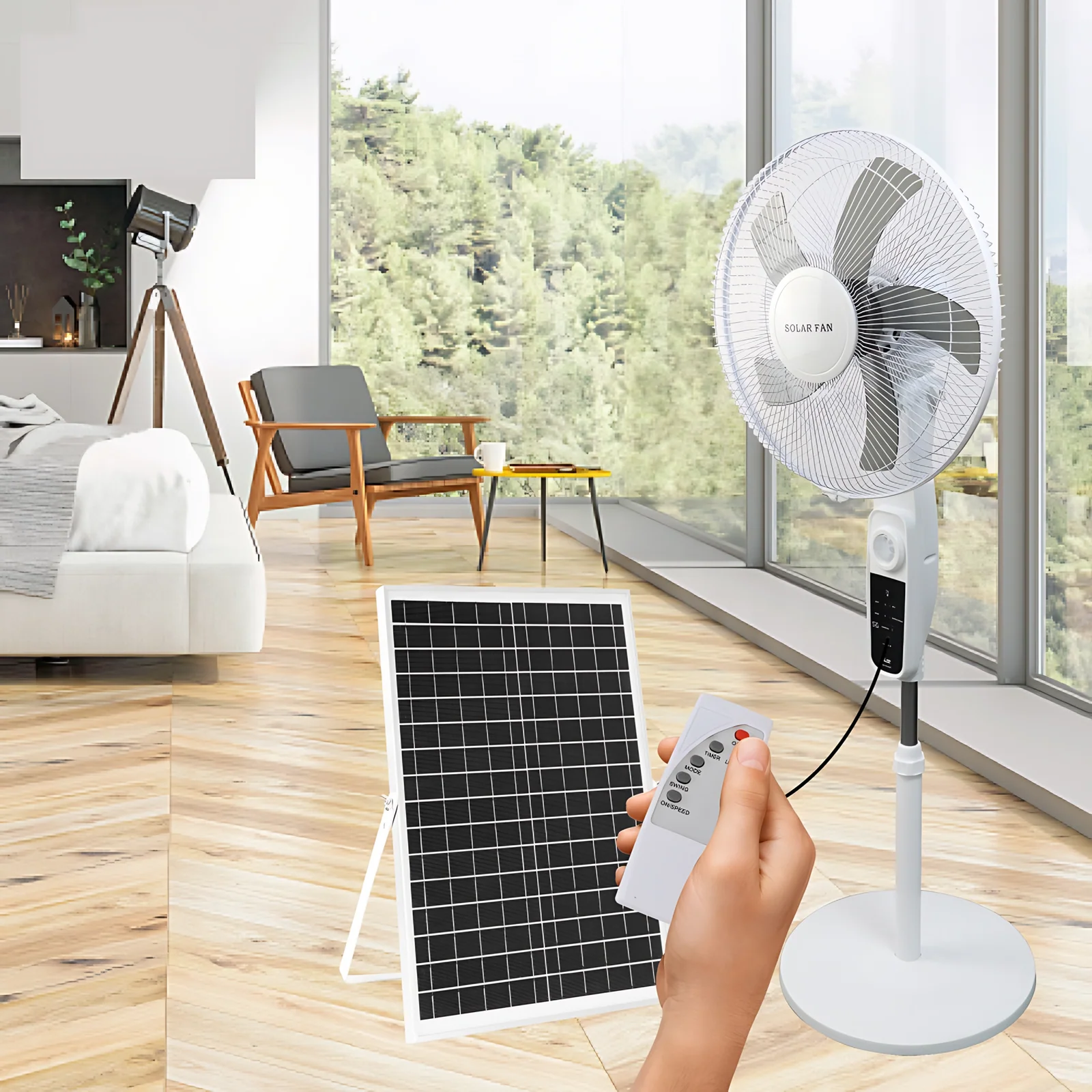 Appareil de refroidissement à air de 16 pouces ventilateur solaire électrique adaptateur AC DC ventilateur de stand rechargeable ventilateur à table DC ont lumière LED à l'intérieur de la batterie