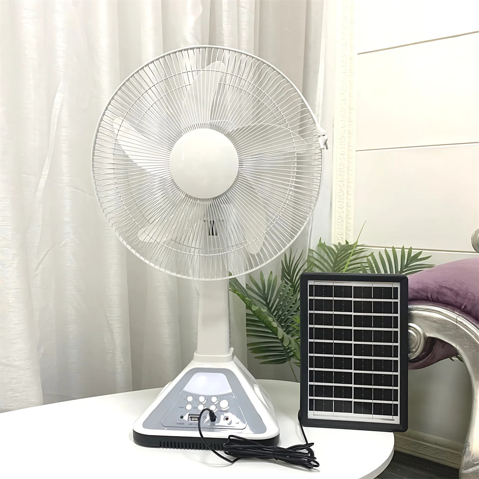 Buena calidad 14" AC/DC 6V ventilador de escritorio de soporte solar recargable con construcción de batería metálica para uso doméstico y exterior