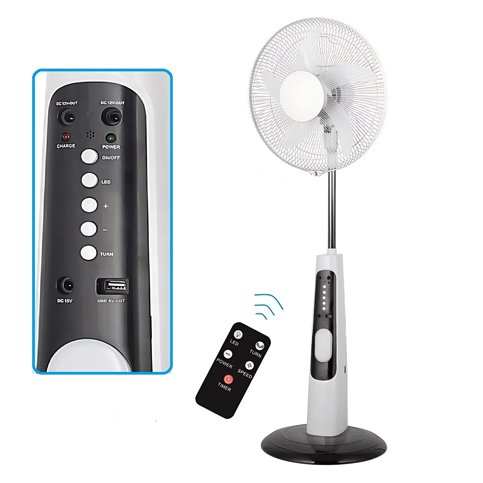18 Inches AC 12V Charging Fan Floor Solar High Efficiency Electric Solar Stand Fan with Solar Panel USB Charge and LED Light