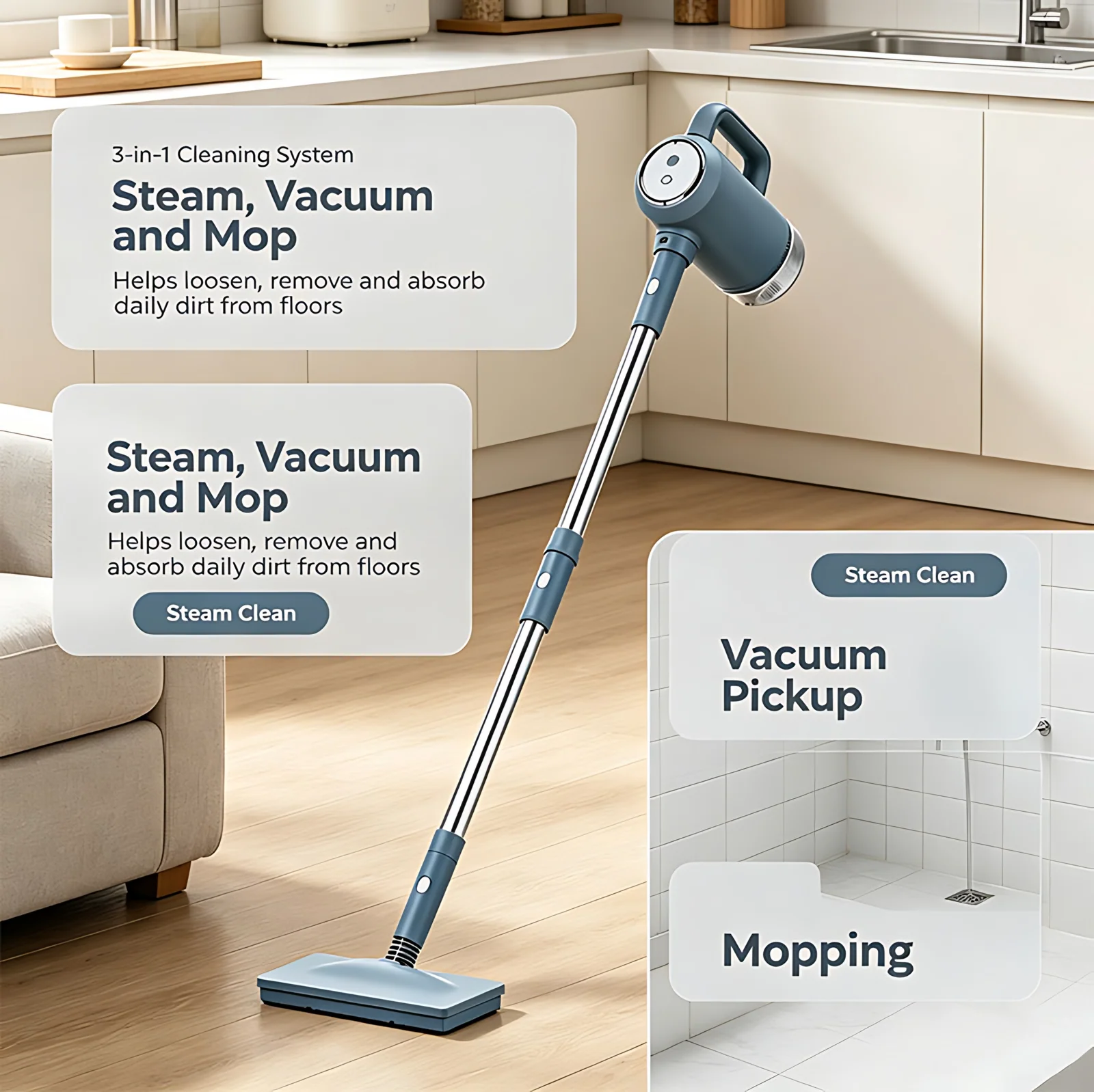 Household Low Noise Portable Handheld Cyclone Steam Vacuum Mop Carpet Cleaner Steam Mop with Removeable Water Tank