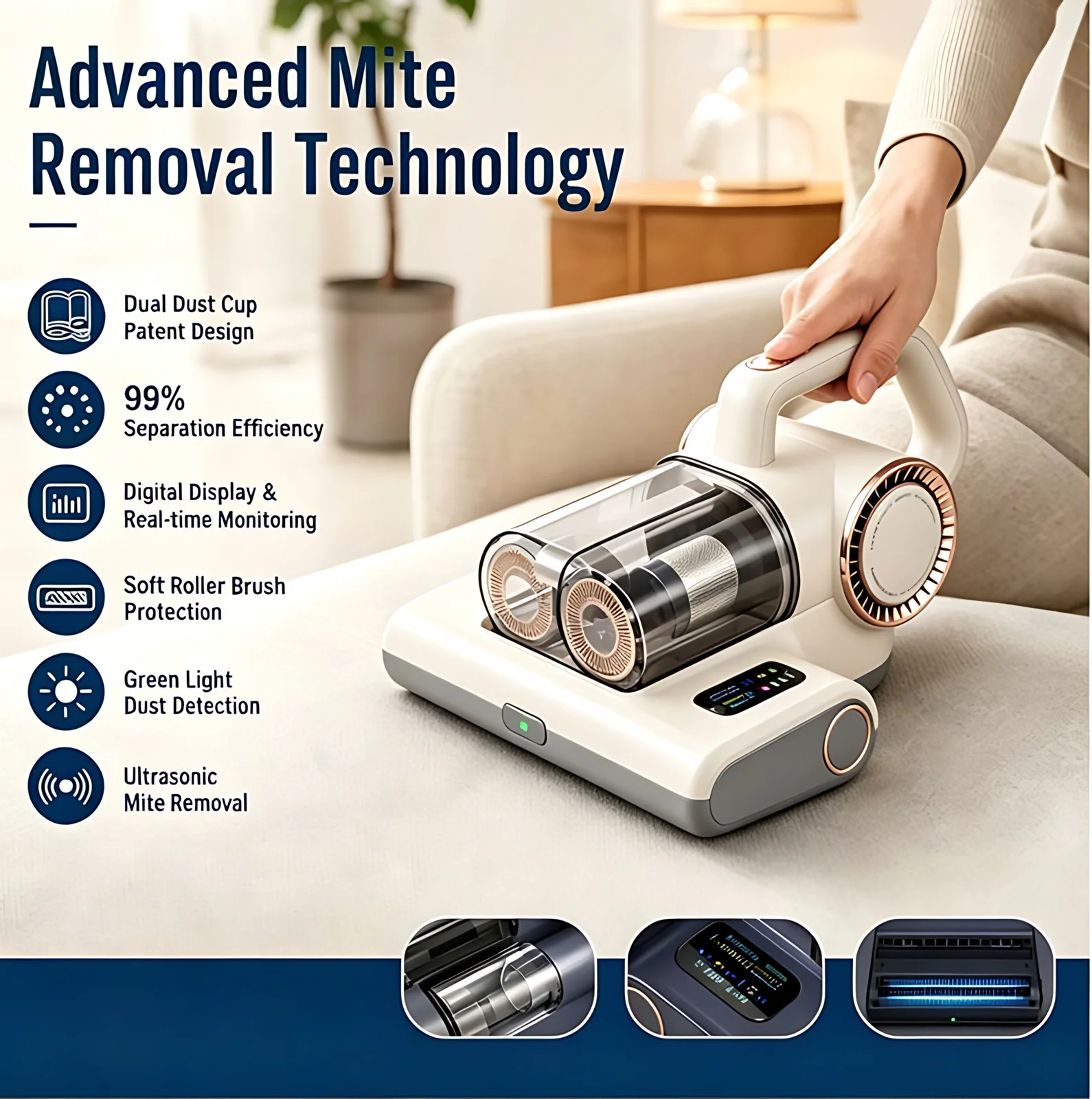 Smart Dust Mite Controller Handheld Mite Control UV Bed Vacuum Cleaner with 9kPa Suction and 90 Min Runtime for Household Use