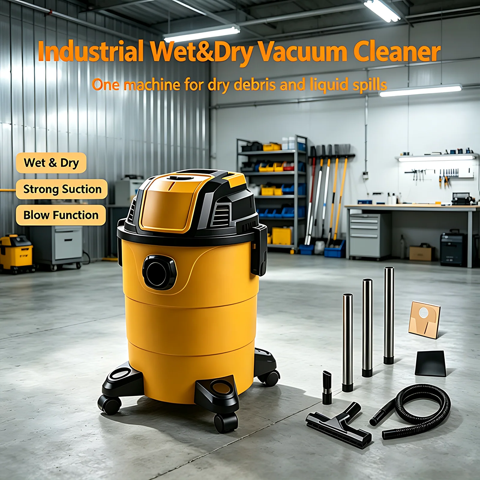 Household Hotel Factory 15L Dust Capacity 3.5m Power Cord Length 17Kpa Wet Dry Blow Drum Vacuum Cleaner
