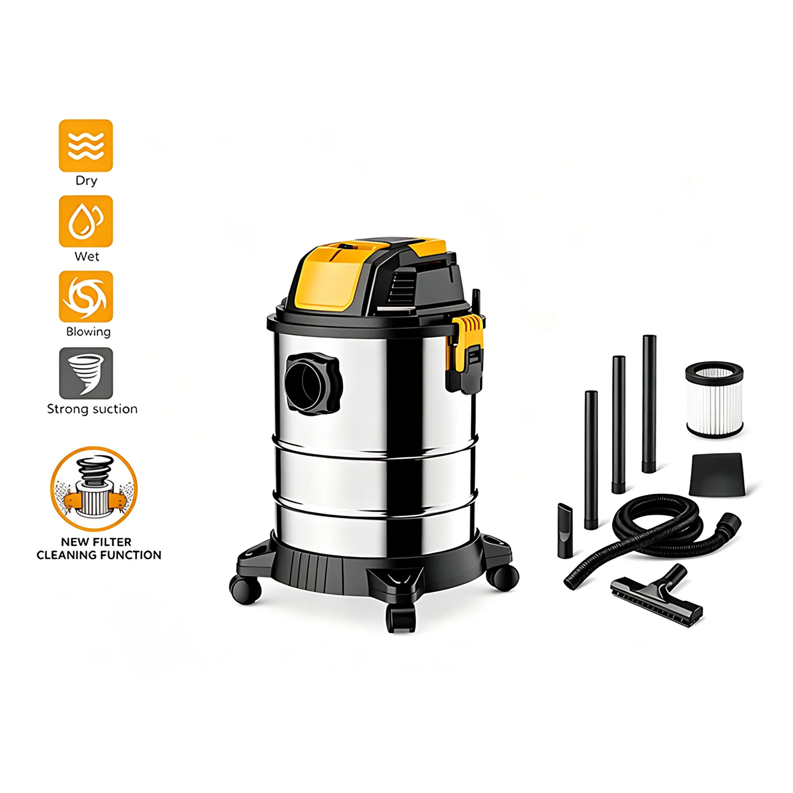Aspirateur de tambour électrique sans sac de cyclone 30L avec fonction de mouillage sec et de soufflage 3 en 1 pour usage hôtelier et domestique