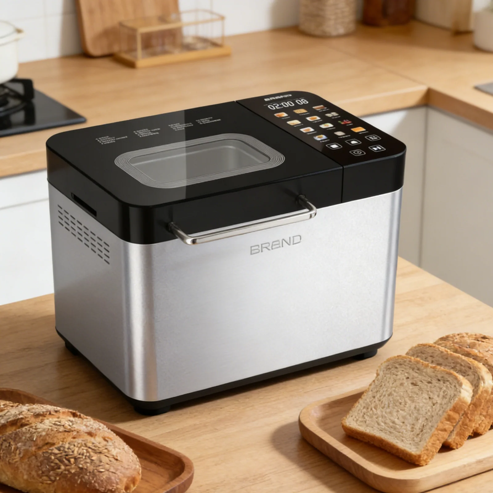 Großhandel, benutzerdefinierte Marke Edelstahl 430 Gehäuse Multifunction Home LED Display Elektrische Brotmachine mit 12 Menüs