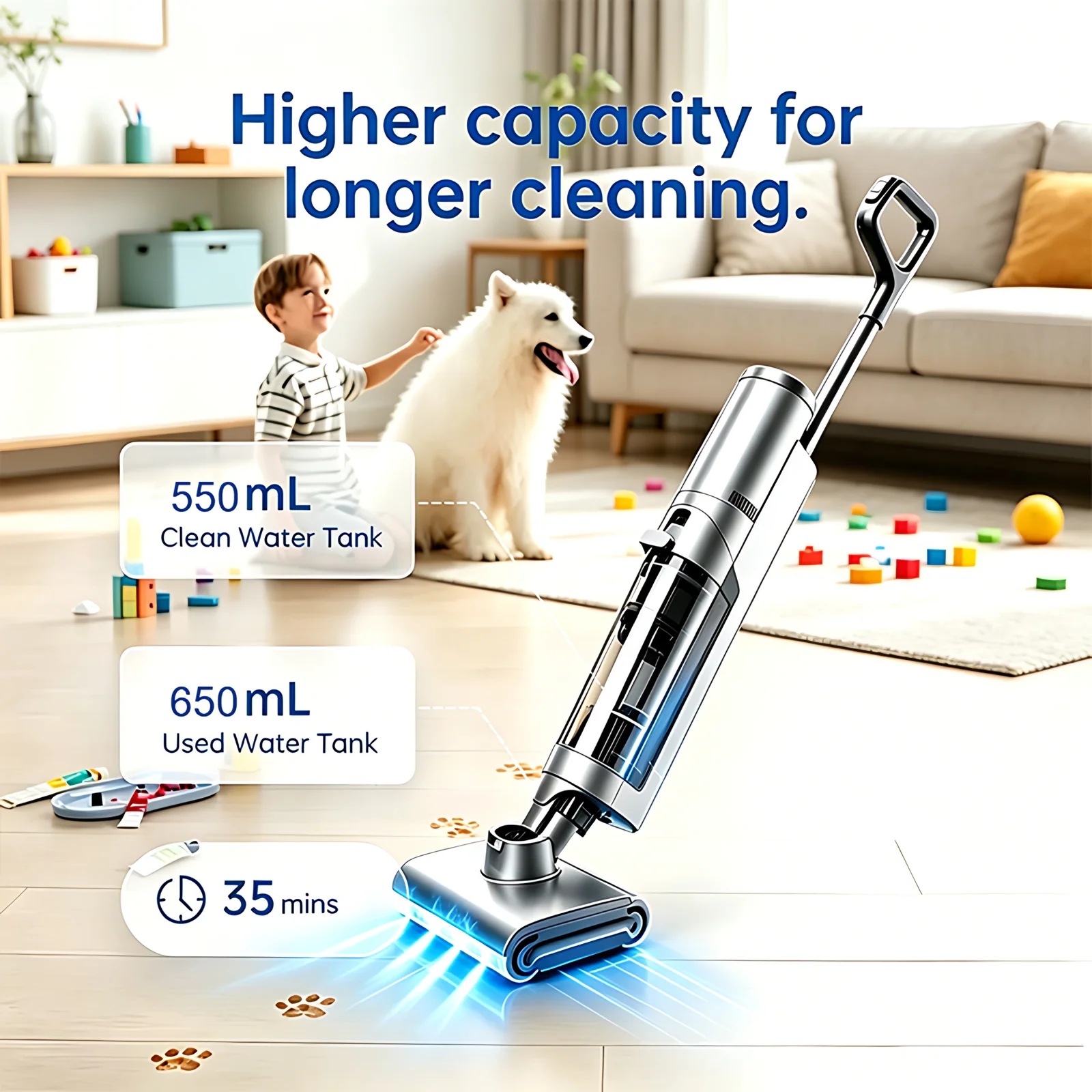 3 in 1 Vacuum Mop Washing Machine 180° Floor Washer 26000pa 4000mAh 550ML One Touch Self Cleaning 250W Electric Mop Cleaner