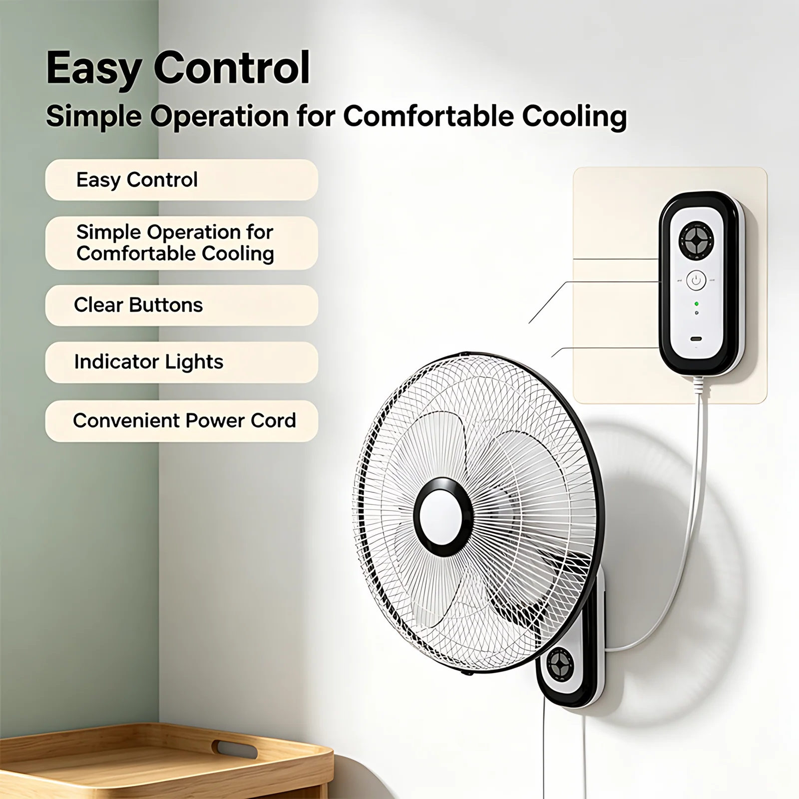 3 Speeds Remote Control Wall Mount Fan Oscillating Wide Airflow Plastic Body Quiet Wall Fan for Home Office