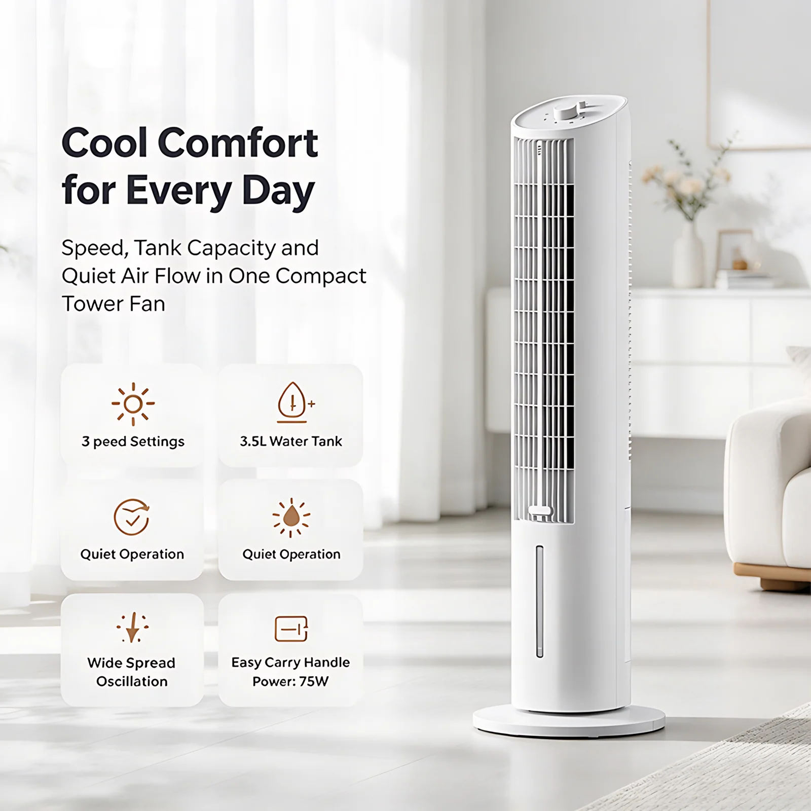 OEM Private Label High Quality Custom Design 3 Speed 3.5L Water Tank Home Air Cooling Tower Fan