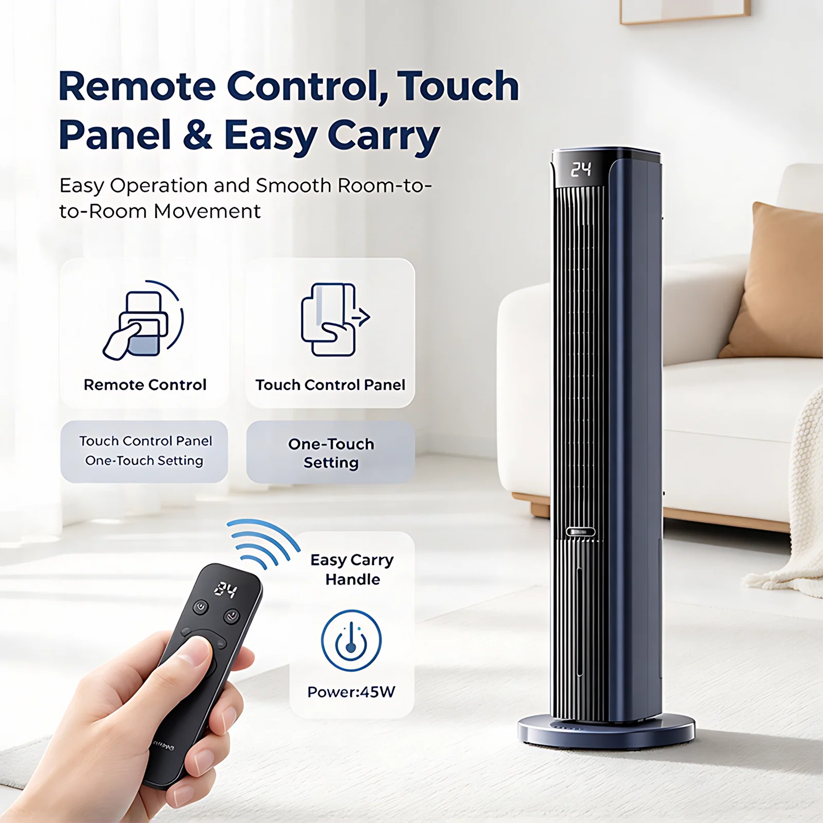 DC Motor Factory Sale Household Office Comfort Remote Touch Control Quiet Oscillating Cooling Tower Fan